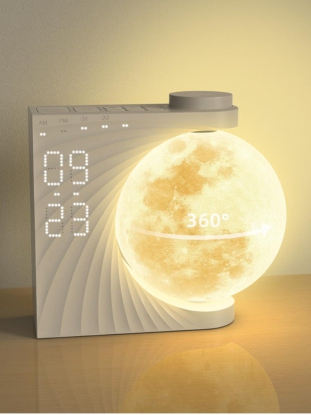 LED Rotating Moon Globe Alarm Clock Lamp - White - New